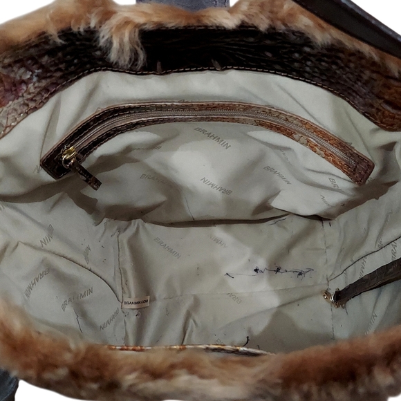 Brahmin Shira Genuine Shearling Croc Embossed Leather Bucket Shoulder Bag EUC - Picture 12 of 13